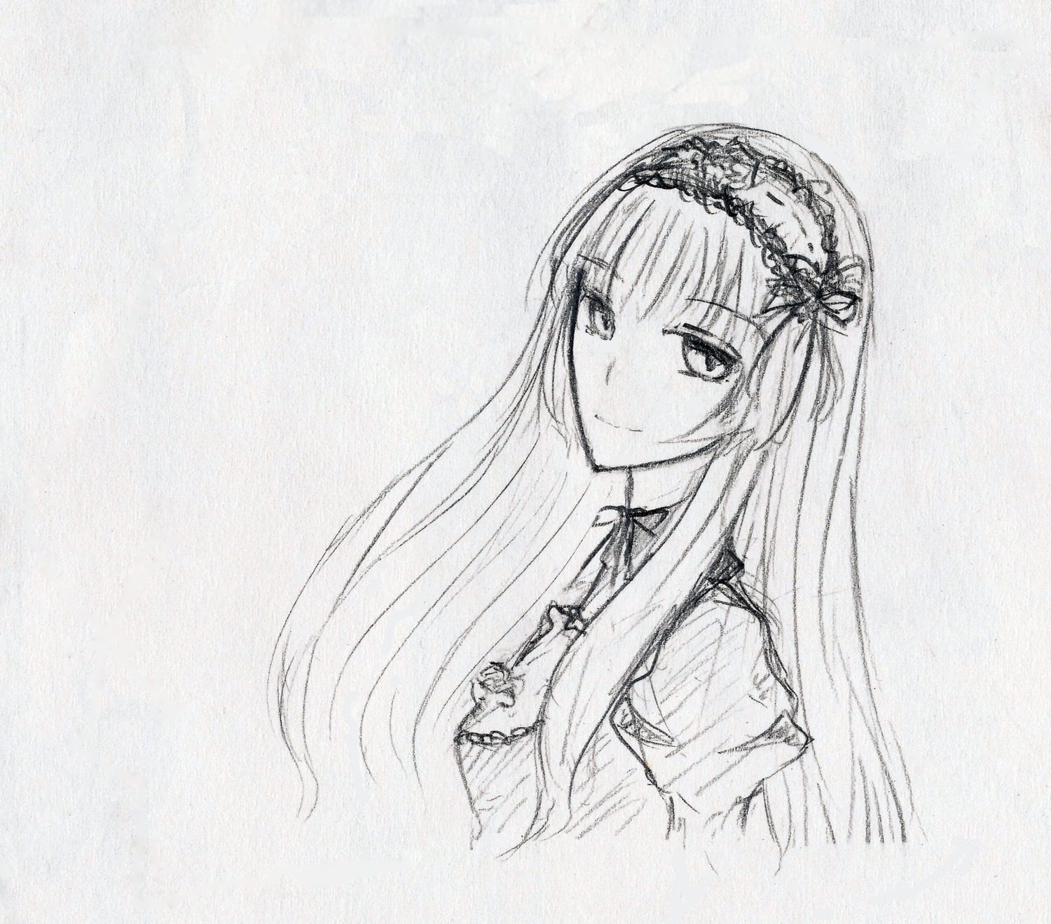 1girl closed_mouth dress eyebrows_visible_through_hair graphite_(medium) greyscale hairband image lolita_hairband long_hair long_sleeves looking_at_viewer monochrome ribbon simple_background smile solo suigintou traditional_media upper_body white_background