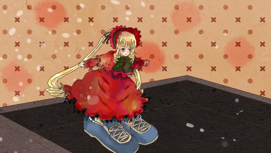 1girl blonde_hair blue_eyes bonnet bow cup dress frills image long_hair long_sleeves looking_at_viewer red_dress shinku sitting solo star_(symbol) teacup twintails