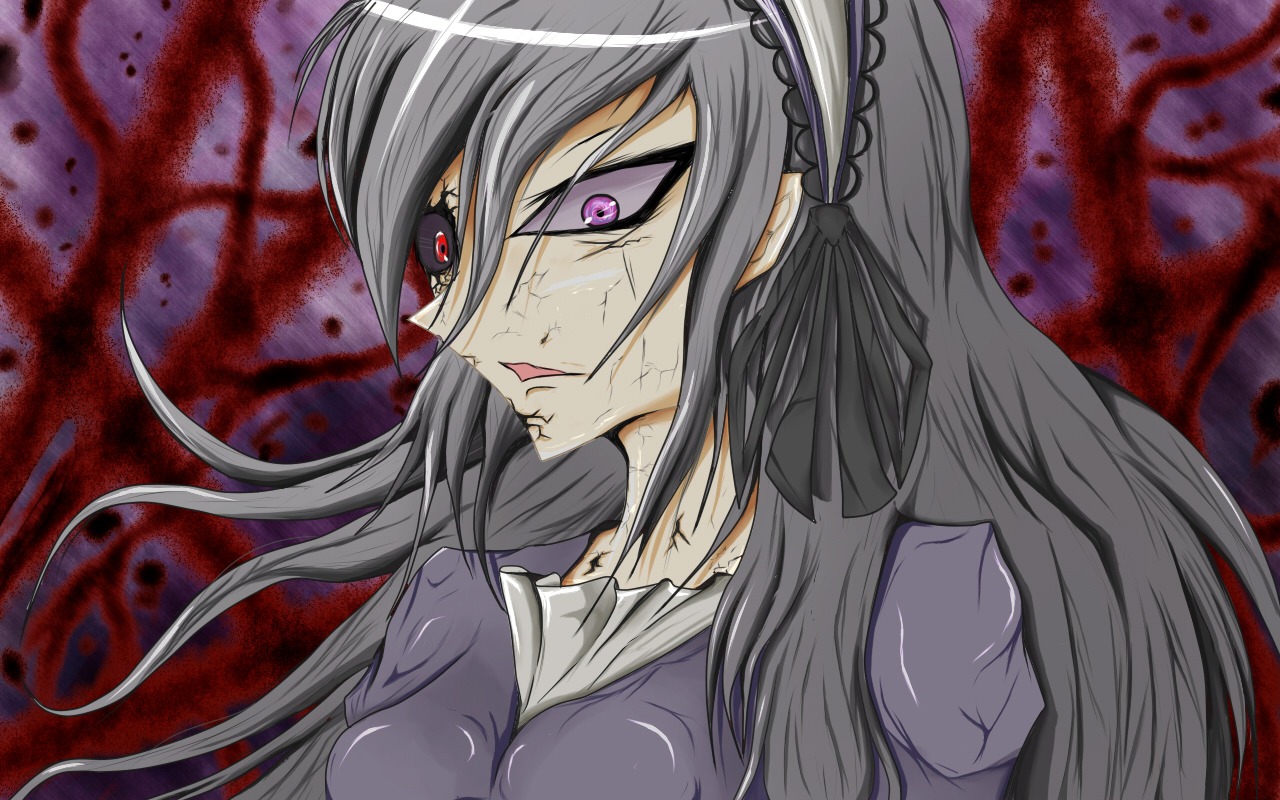 1girl auto_tagged blood dress hair_ribbon hairband image long_hair purple_eyes ribbon silver_hair solo suigintou