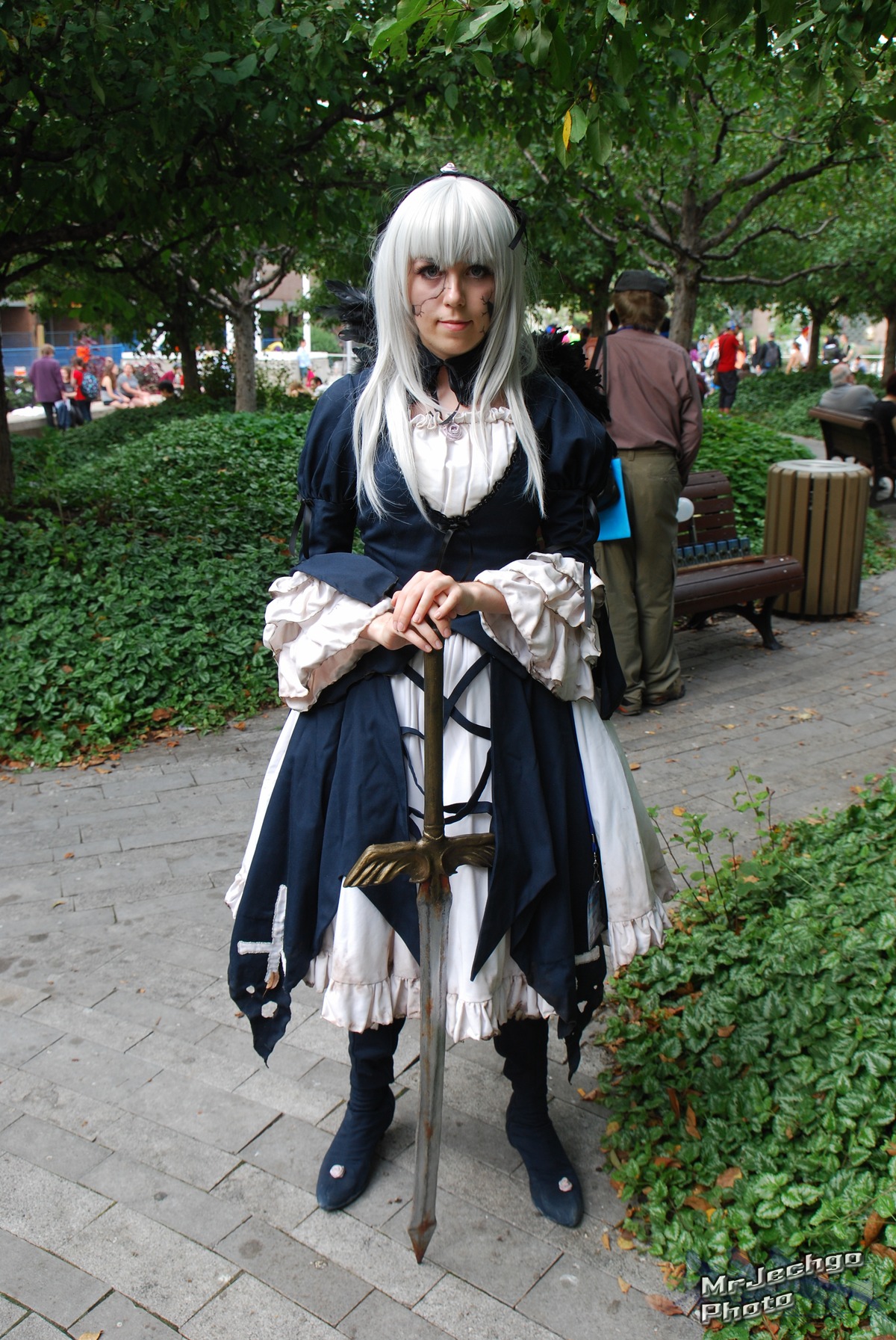 blonde_hair boots dress long_hair outdoors solo standing suigintou tree