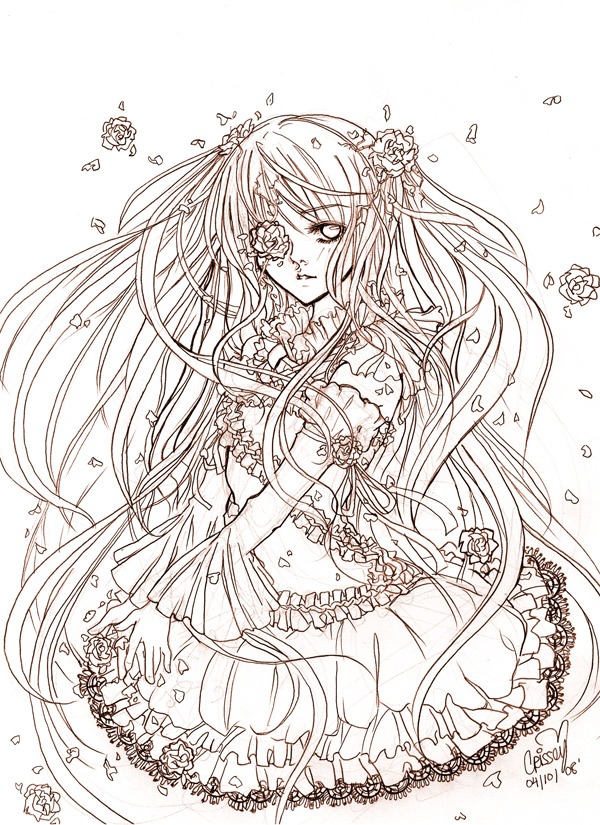 1girl dress eighth_note eyepatch flower frills hair_flower hair_ornament hatsune_miku image kirakishou lineart long_hair monochrome musical_note petals rose solo striped twintails very_long_hair