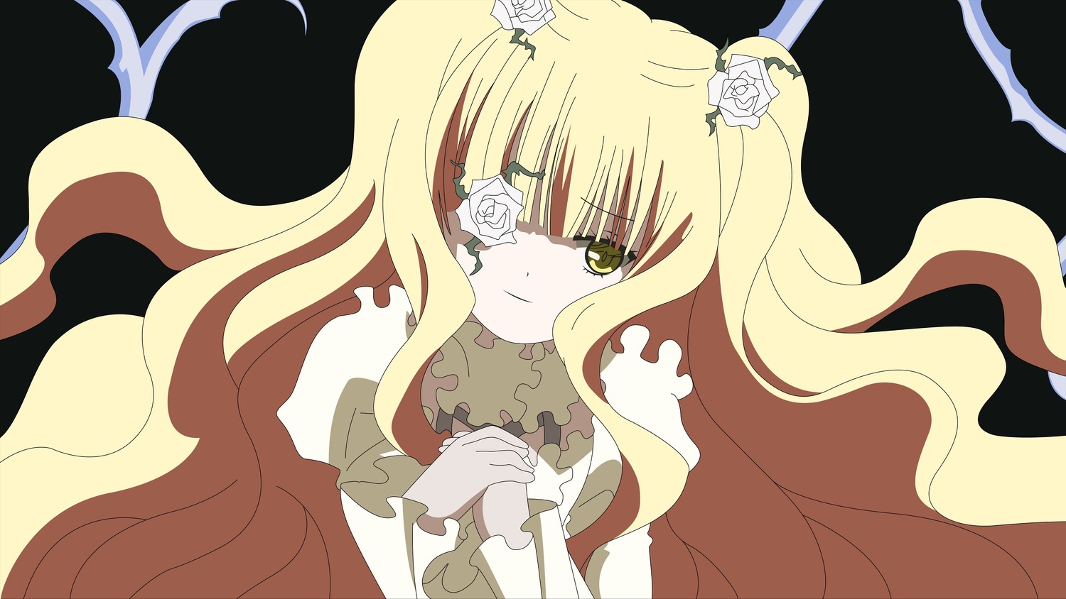 1girl blonde_hair dress eyepatch flower frills hair_flower hair_ornament hands_clasped image kirakishou long_hair own_hands_together rose smile solo thorns white_flower white_rose yellow_eyes