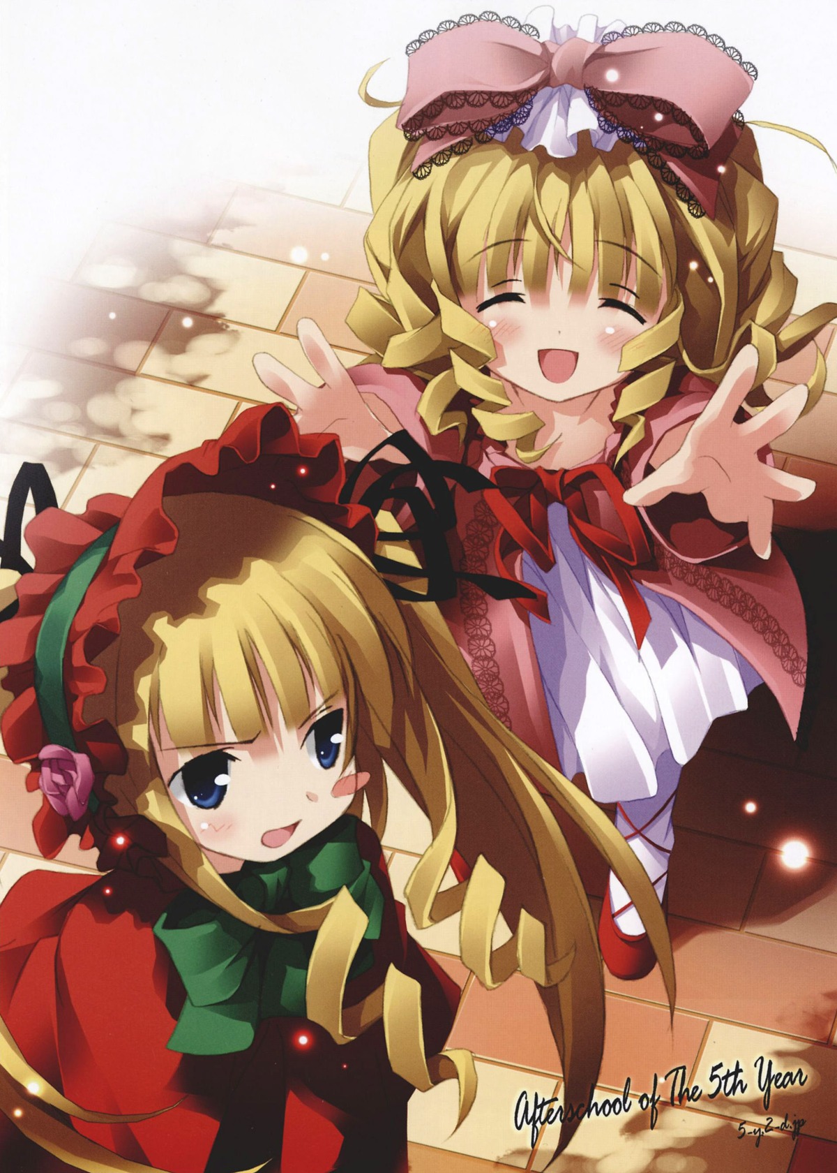 2girls :d ^_^ blonde_hair blue_eyes blush blush_stickers bonnet bow closed_eyes dress drill_hair flower frills hair_bow headdress highres hina_ichigo hinaichigo image kantoku long_hair long_sleeves multiple_girls open_mouth pair photoshop_(medium) pink_bow red_dress rose rozen_maiden scan shinku smile twin_drills twintails