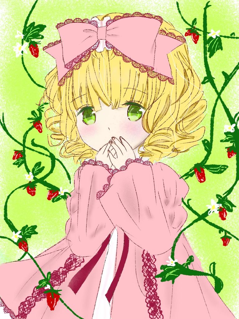 1girl blonde_hair blush bow bug covering_mouth dress flower frills fruit green_eyes hina_ichigo hinaichigo image insect long_sleeves looking_at_viewer pink_bow plant red_flower rose short_hair solo strawberry thorns vines