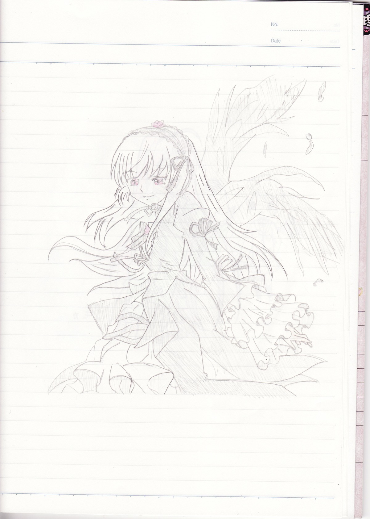 1girl auto_tagged dress feathered_wings flower frills image long_hair long_sleeves monochrome solo suigintou wings