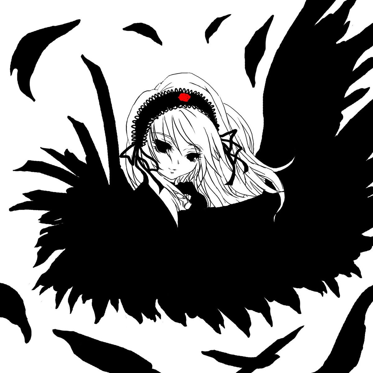 1girl auto_tagged black_wings dress feathered_wings feathers floating_hair greyscale hairband image lolita_hairband long_hair looking_at_viewer monochrome simple_background solo suigintou white_background wings