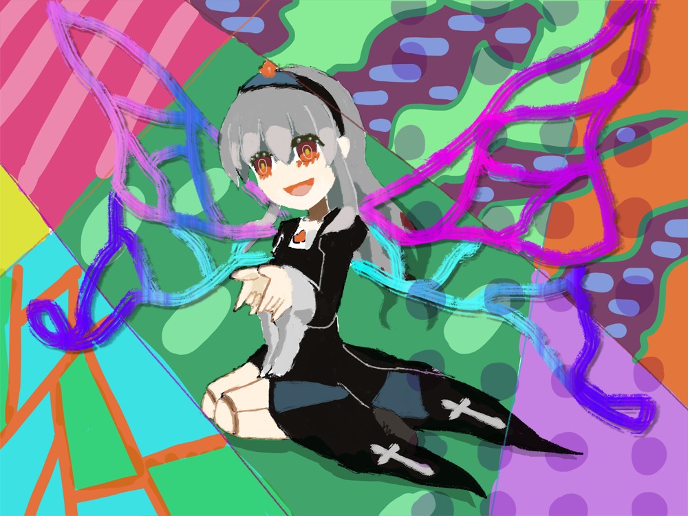 1girl :d bug butterfly_wings checkered checkered_background checkered_floor colorful dress hairband image long_hair open_mouth sitting smile solo suigintou wings
