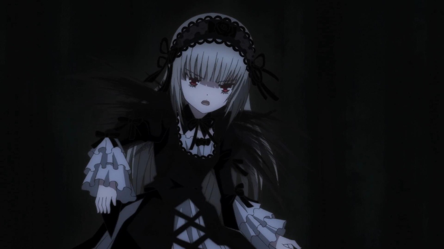 1girl bangs black_dress dress eyebrows_visible_through_hair frilled_sleeves frills hairband image long_hair long_sleeves looking_at_viewer open_mouth red_eyes ribbon silver_hair solo suigintou very_long_hair wide_sleeves