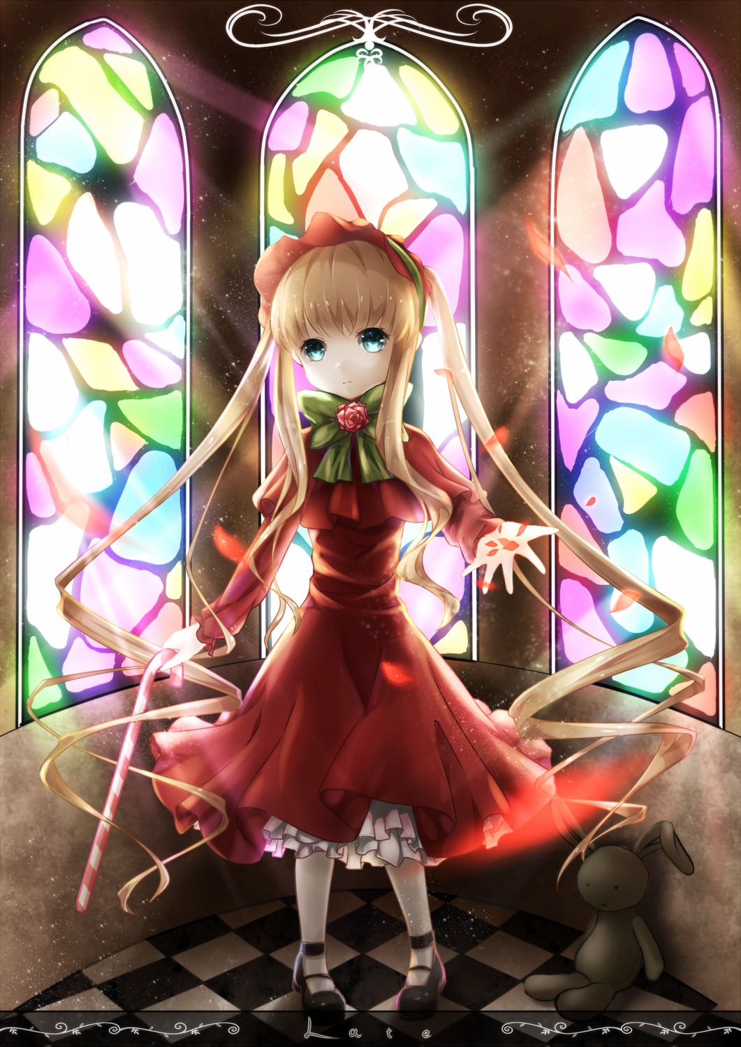 1girl argyle argyle_background argyle_legwear blonde_hair blue_eyes bow bowtie checkered checkered_background checkered_floor chess_piece dress flower image long_hair perspective petals red_dress reflection rose shinku solo stained_glass stuffed_animal tile_floor tiles wings