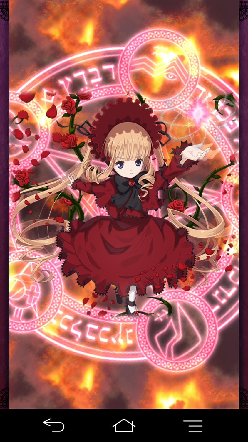 1girl blonde_hair blue_eyes bonnet bow dress flower image long_hair long_sleeves magic_circle red_dress rose shinku solo twintails very_long_hair