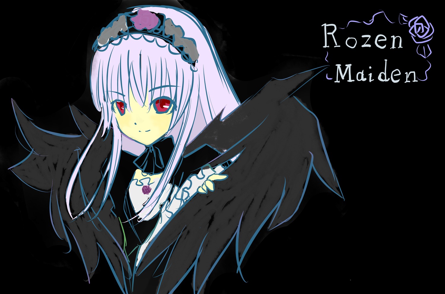 1girl bangs black_background black_dress black_wings closed_mouth detached_collar dress flower frills hairband image long_hair long_sleeves looking_at_viewer red_eyes ribbon rose simple_background smile solo suigintou upper_body wings