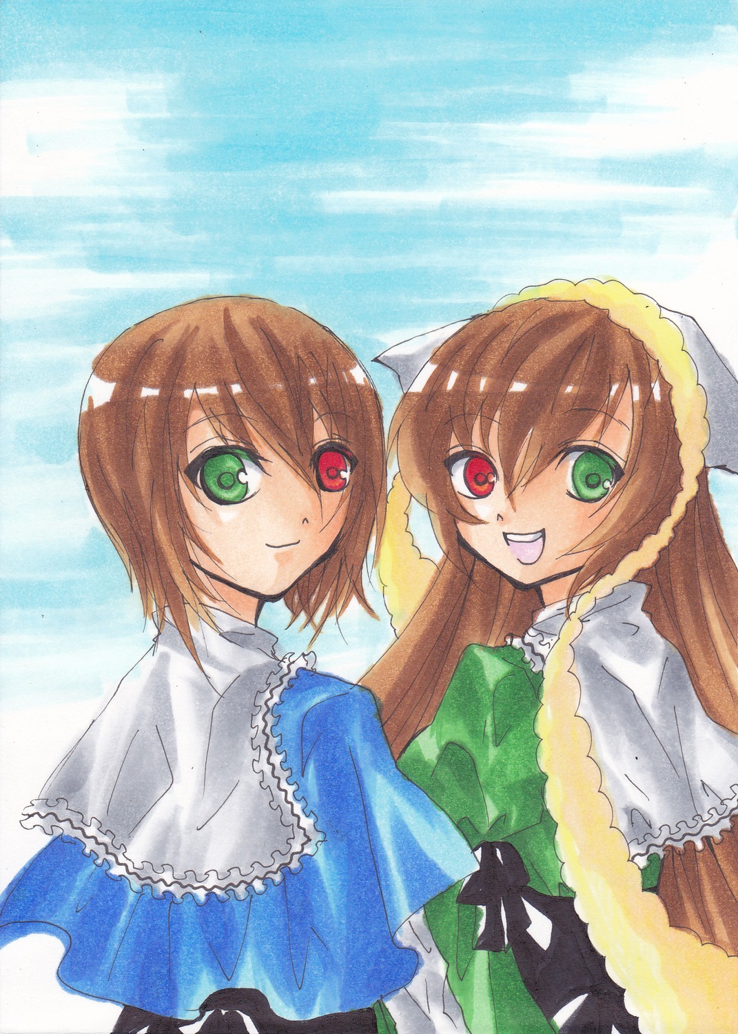 2girls brown_hair dress green_eyes hat head_scarf heterochromia image long_hair long_sleeves looking_at_viewer looking_back multiple_girls open_mouth pair red_eyes short_hair siblings sisters smile souseiseki suiseiseki traditional_media twins