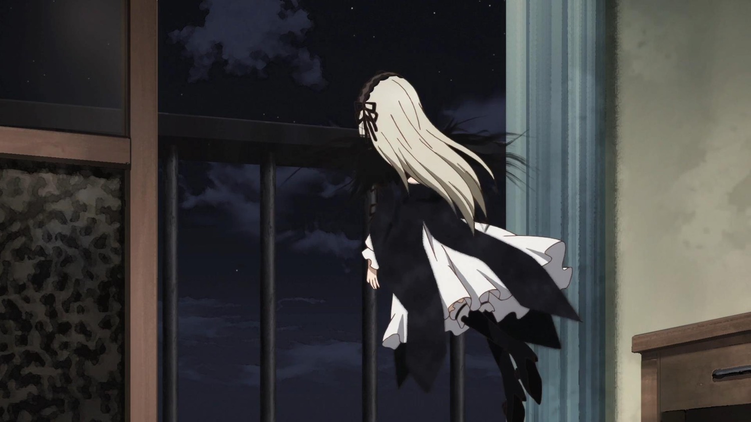 1girl blonde_hair dress image long_hair long_sleeves night night_sky sky solo standing star_(sky) starry_sky suigintou window