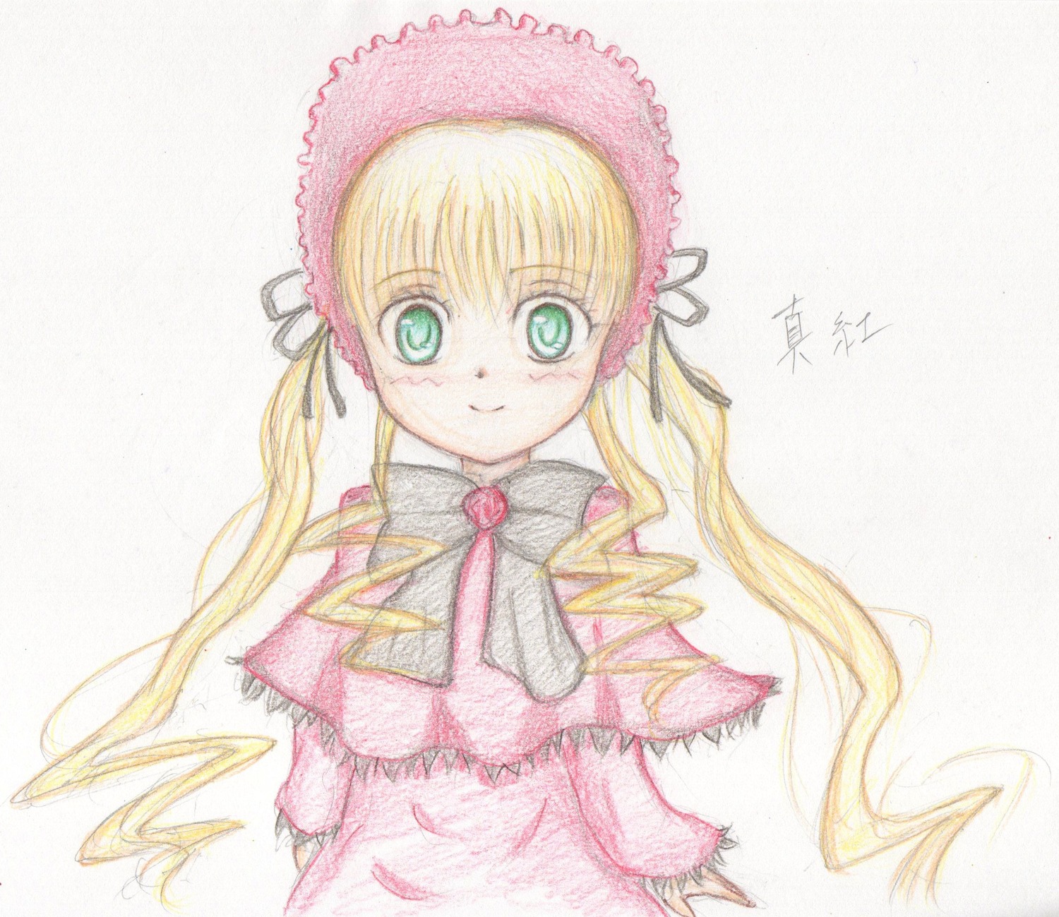 1girl blonde_hair blush bonnet capelet green_eyes hat image long_hair long_sleeves looking_at_viewer pink_dress ribbon shinku signature simple_background smile solo traditional_media twintails upper_body white_background