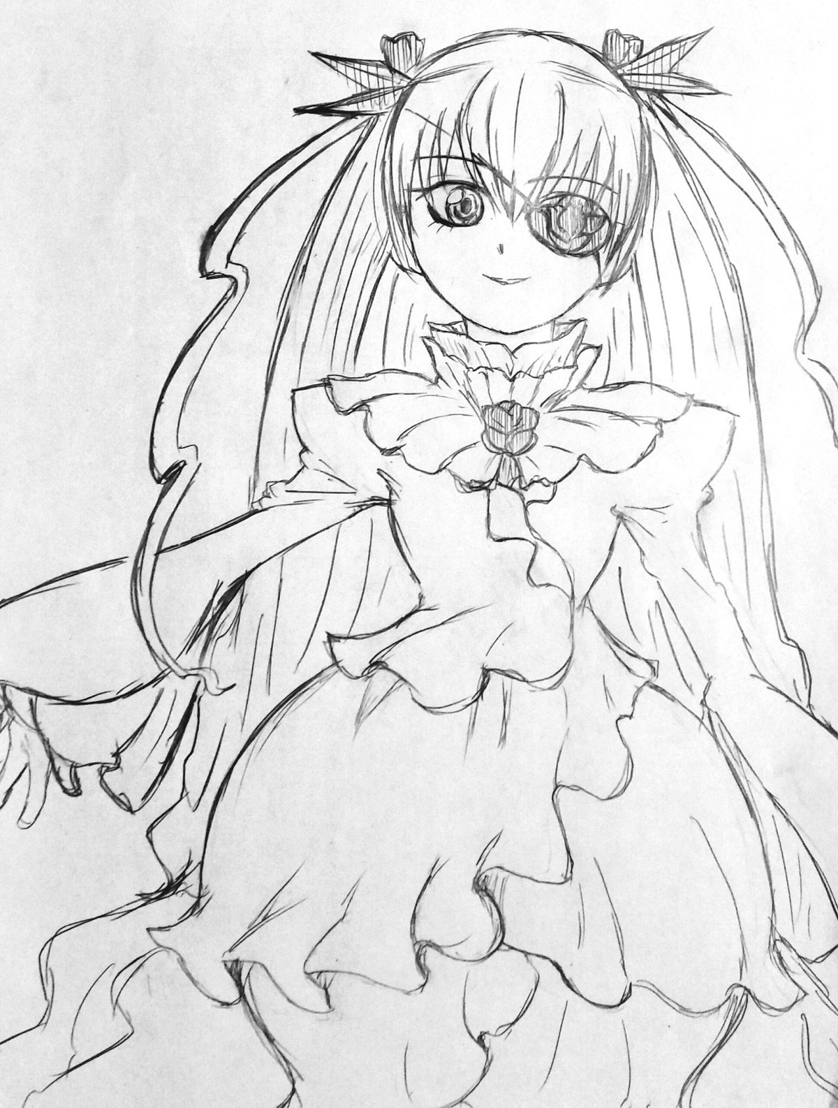 1girl barasuishou dress eyepatch frills greyscale hair_ribbon image long_hair long_sleeves looking_at_viewer monochrome ribbon smile solo twintails two_side_up