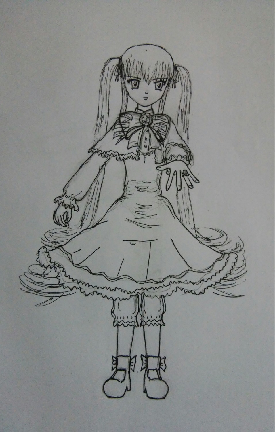 1girl boots bow bowtie capelet dress frills full_body greyscale image long_hair long_sleeves looking_at_viewer monochrome shinku solo standing traditional_media twintails very_long_hair