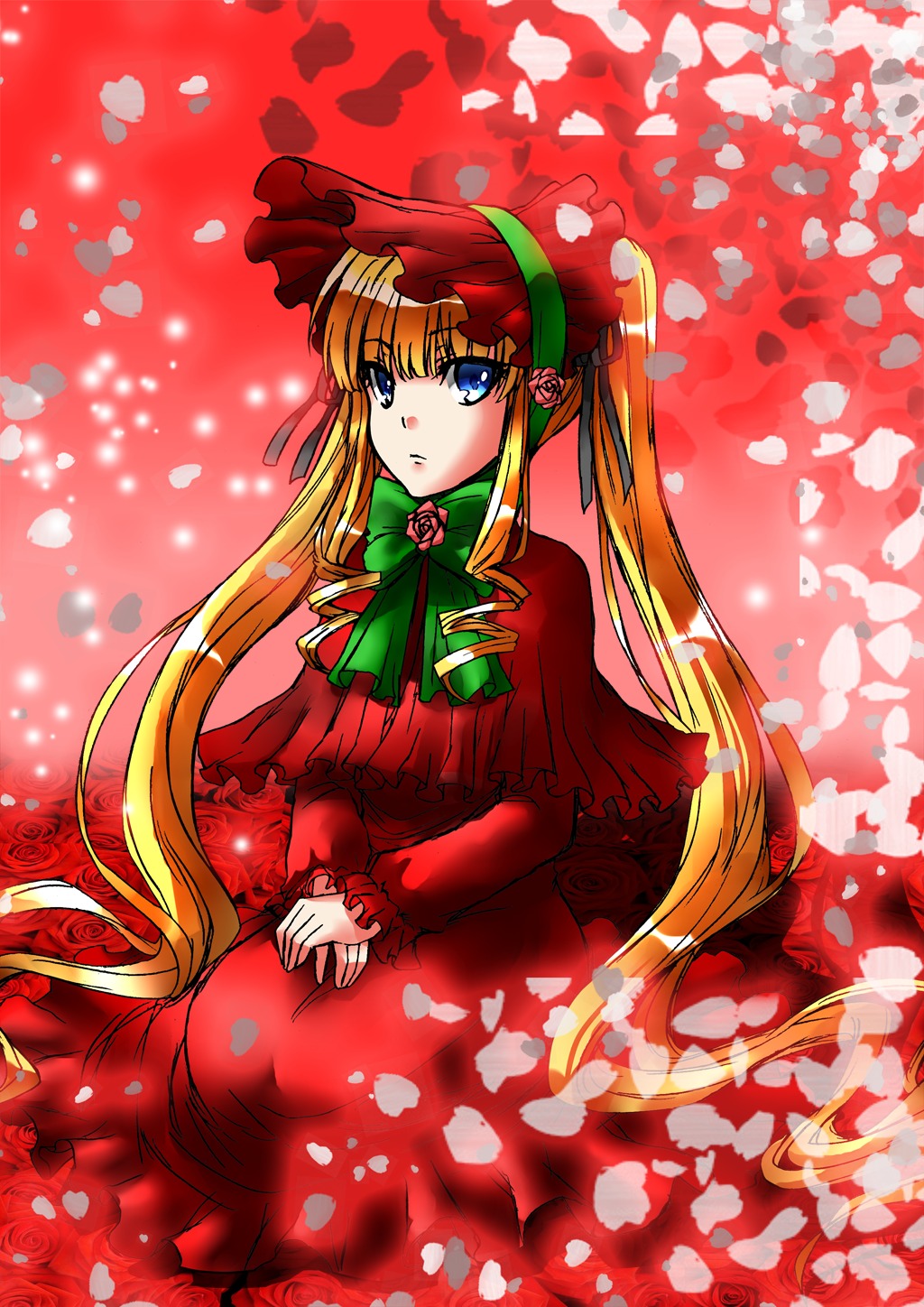 1girl blonde_hair blue_eyes bonnet bow bowtie capelet dress flower green_bow green_neckwear image long_hair long_sleeves looking_at_viewer petals red_dress red_flower red_rose rose rose_petals shinku sitting solo twintails very_long_hair