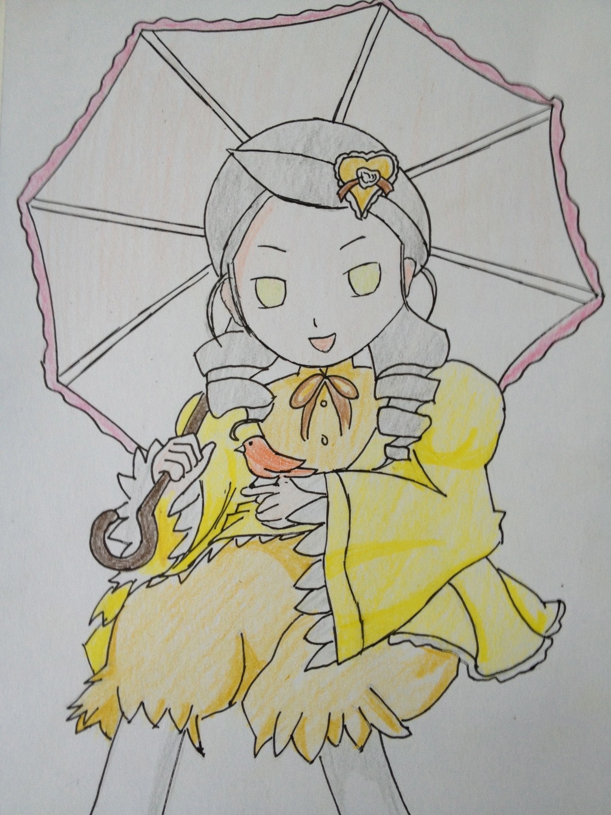 1girl :d dress drill_hair hair_ornament holding holding_umbrella image kanaria open_mouth parasol rain raincoat shared_umbrella smile solo tomoe_mami traditional_media umbrella wide_sleeves yellow_eyes