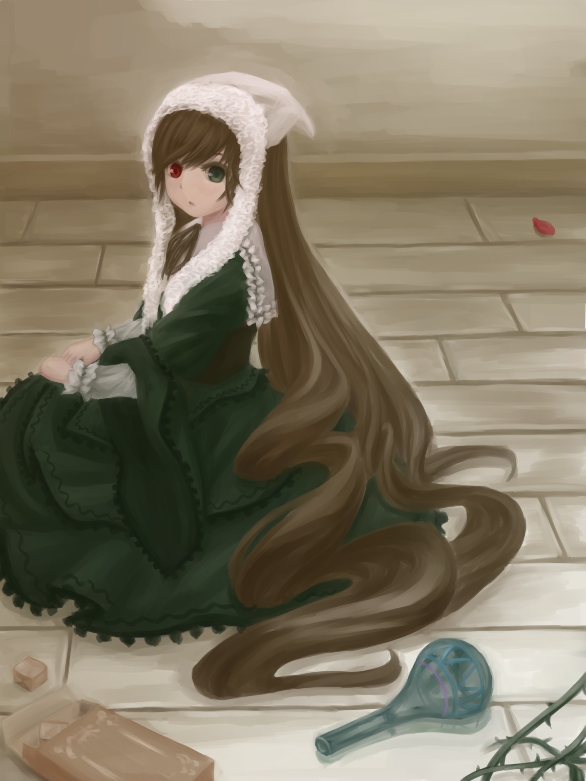 1girl brown_hair dress frills green_dress green_eyes heterochromia image long_hair long_sleeves looking_at_viewer looking_back red_eyes solo suiseiseki very_long_hair watering_can