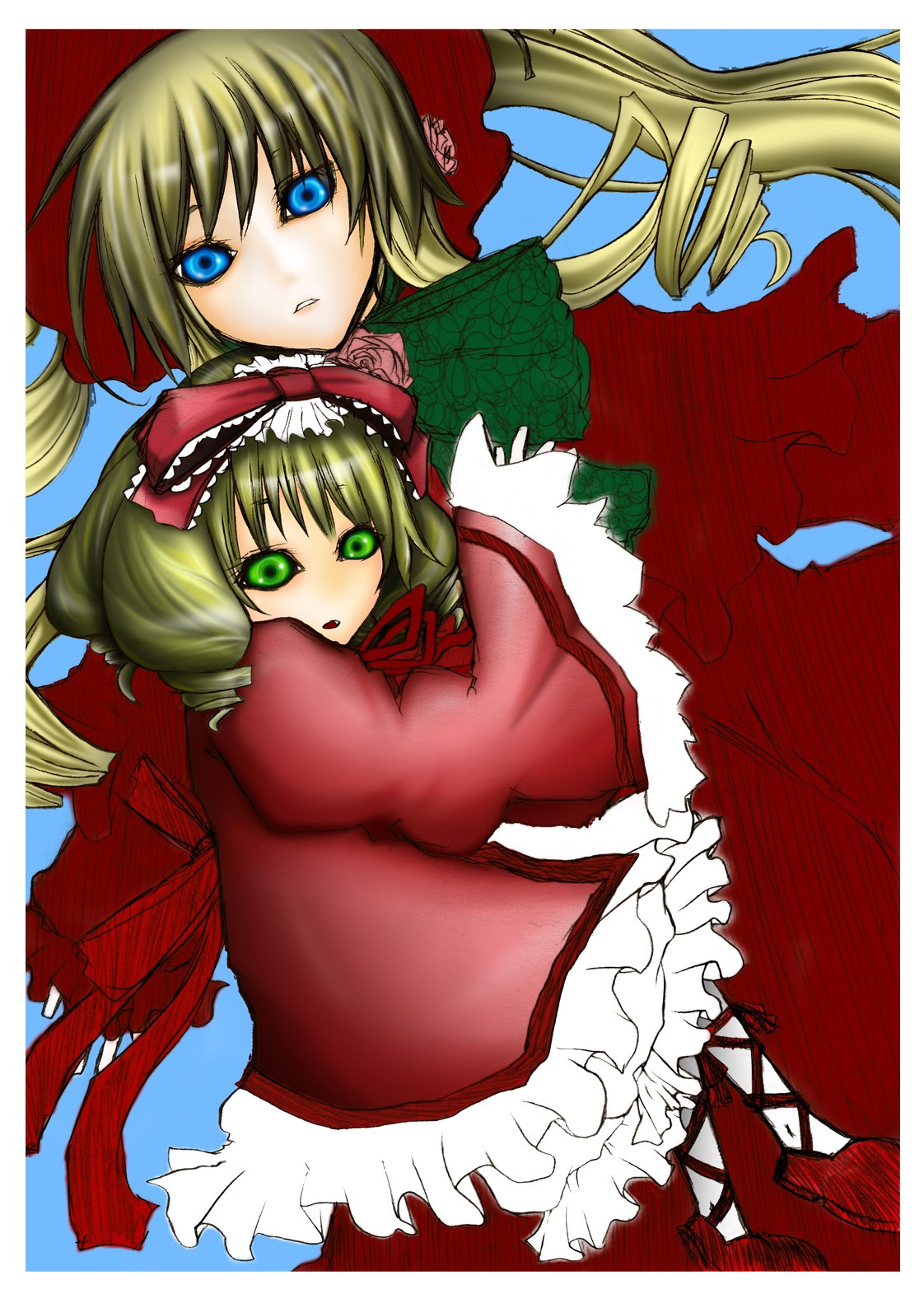 2girls blonde_hair blue_eyes bow dress drill_hair frills green_eyes hair_ribbon image kagiyama_hina long_hair looking_at_viewer multiple_girls red_dress ribbon shinku solo