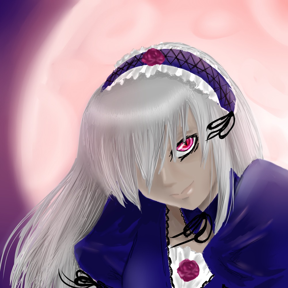 1girl auto_tagged closed_mouth detached_collar flower frills hairband image lolita_hairband long_hair long_sleeves looking_at_viewer pink_eyes puffy_sleeves red_eyes rose silver_hair smile solo suigintou upper_body