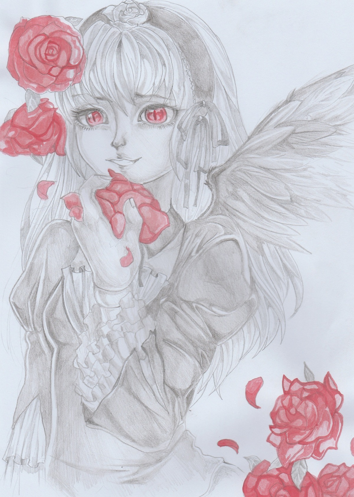 1girl dress flower hair_ornament hands_clasped image long_hair long_sleeves monochrome own_hands_together petals red_flower red_rose rose rose_petals smile solo spot_color suigintou traditional_media