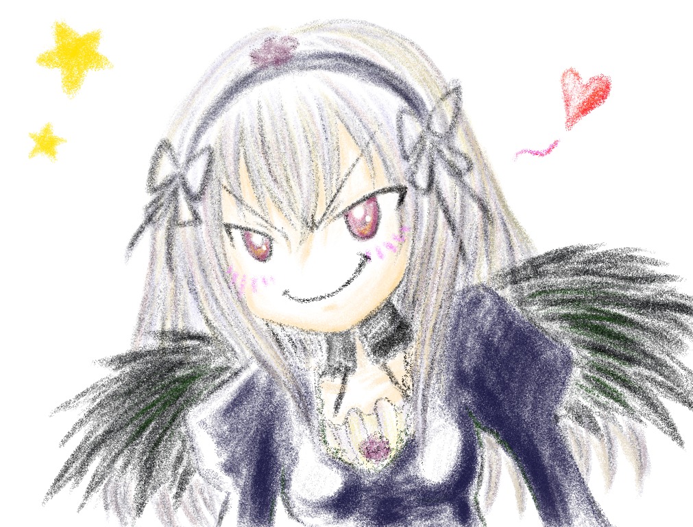 1girl bangs black_wings blush dress grin hairband heart image long_hair long_sleeves looking_at_viewer smile solo striped suigintou traditional_media white_background wings