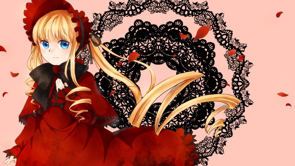 1girl blonde_hair blue_eyes bonnet bow dress flower image long_hair long_sleeves looking_at_viewer petals red_dress red_flower rose shinku solo twintails very_long_hair