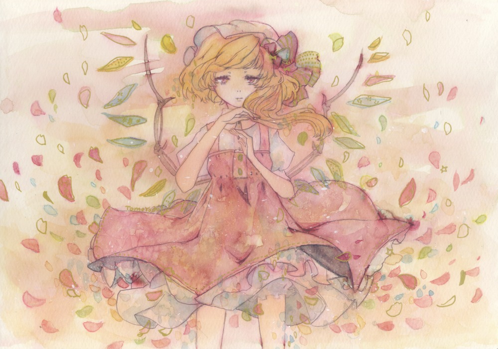 1girl blonde_hair confetti dress flandre_scarlet flower hat hinaichigo image lying mob_cap petals puffy_sleeves red_eyes ribbon rose_petals short_hair short_sleeves skirt solo traditional_media watercolor_(medium) wings