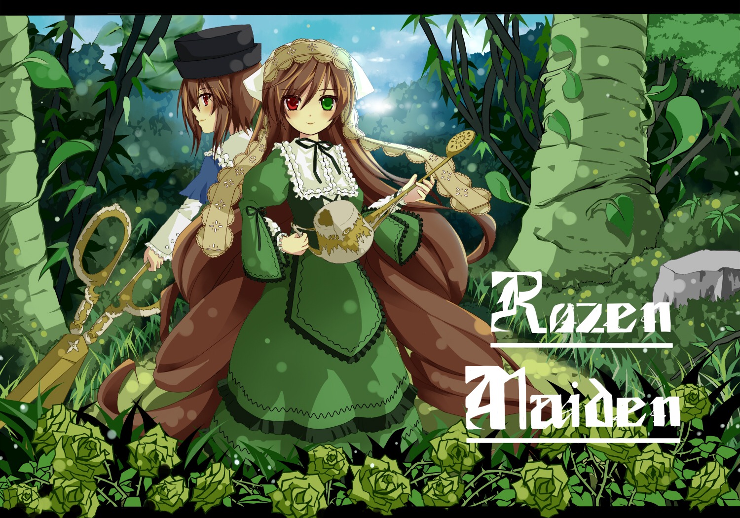 2girls brown_hair copyright_name dress flower green_dress green_eyes hat head_scarf heterochromia image letterboxed long_hair long_sleeves multiple_girls red_eyes rose short_hair siblings sisters solo souseiseki suiseiseki top_hat twins very_long_hair vines watering_can