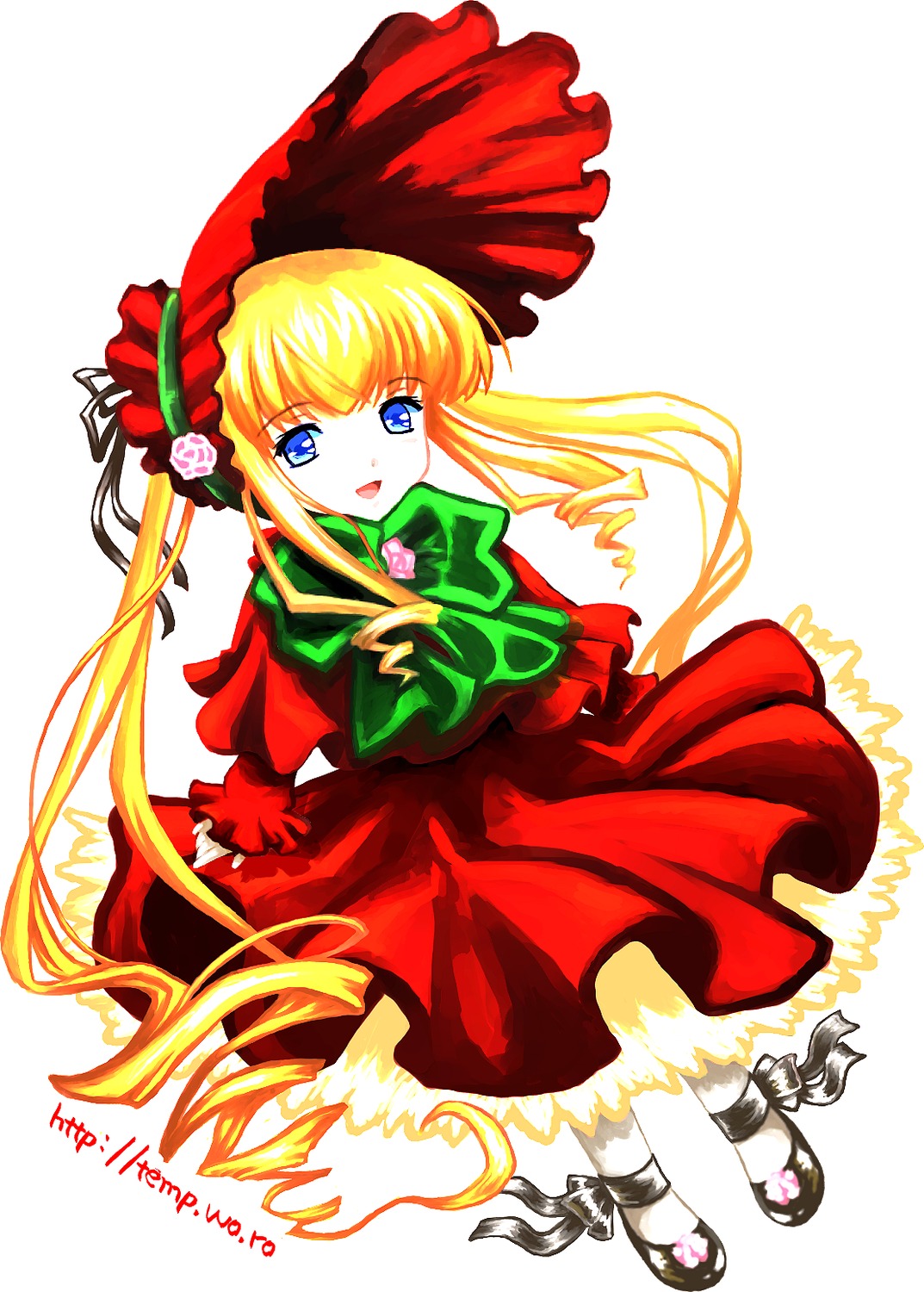 1girl :d blonde_hair blue_eyes bonnet bow bowtie capelet dress flower full_body green_bow green_neckwear image long_hair long_sleeves looking_at_viewer open_mouth red_capelet red_dress rose shinku shoes simple_background smile solo standing twintails white_background