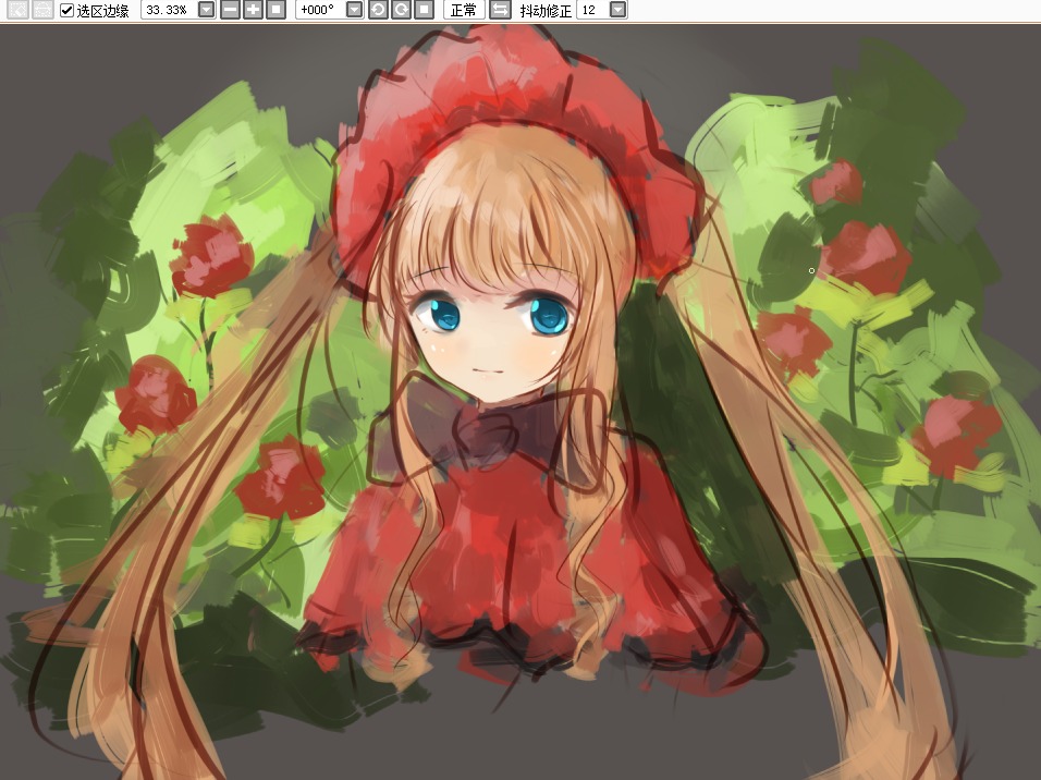 1girl bangs blonde_hair blue_eyes bow bowtie capelet dress flower image long_hair looking_at_viewer red_dress red_flower shinku sidelocks simple_background solo twintails upper_body