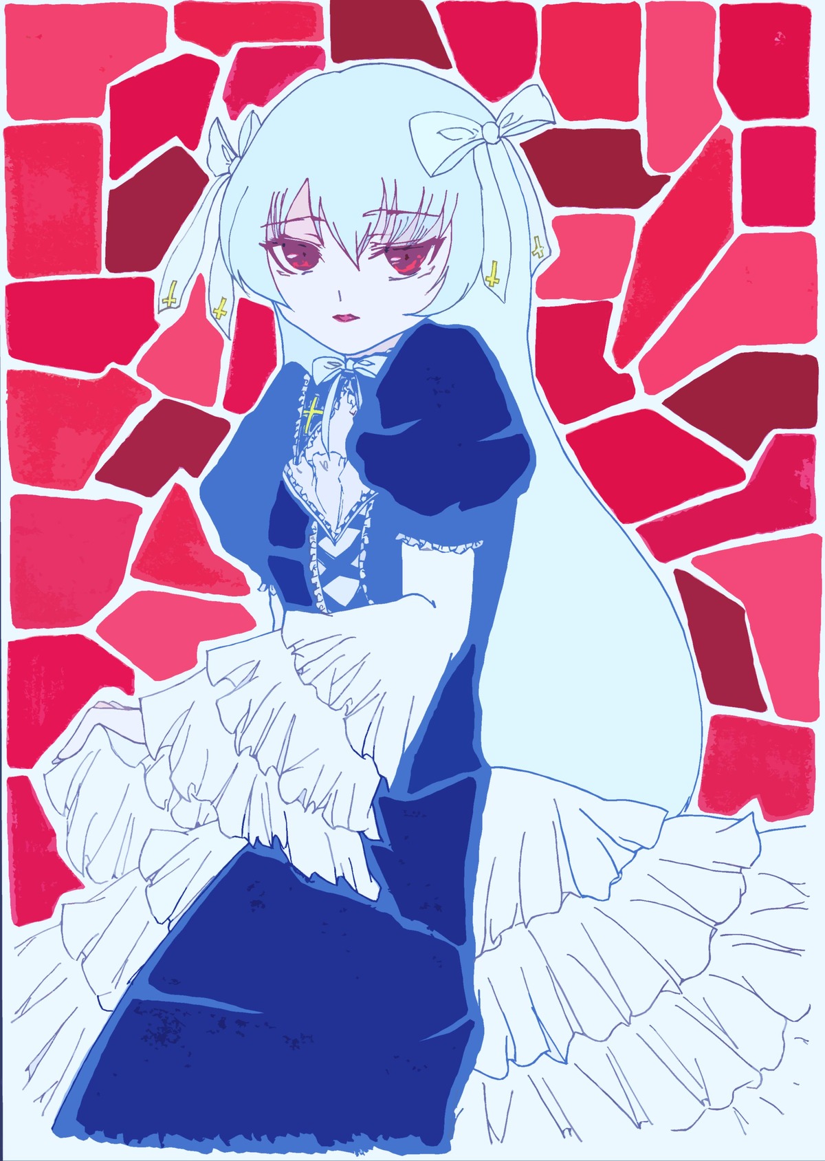 1girl dress frills hair_ribbon image long_hair long_sleeves looking_at_viewer red_eyes ribbon solo standing suigintou