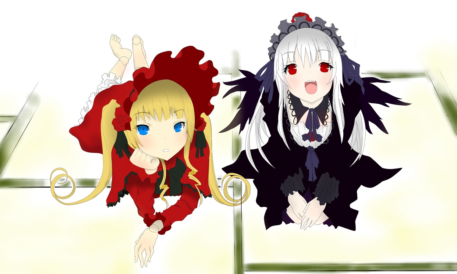 2girls :d blonde_hair blue_eyes blush bonnet dress image long_hair long_sleeves lying multiple_girls on_stomach open_mouth pair red_dress red_eyes rose shinku silver_hair smile suigintou twintails wings