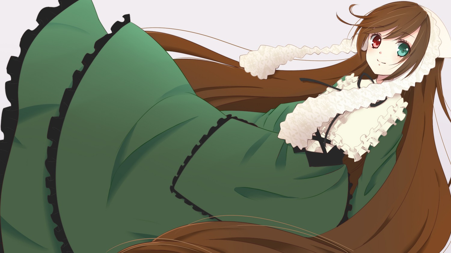 1girl brown_hair dress frills green_dress green_eyes heterochromia image long_hair long_sleeves looking_at_viewer red_eyes smile solo suiseiseki twintails very_long_hair