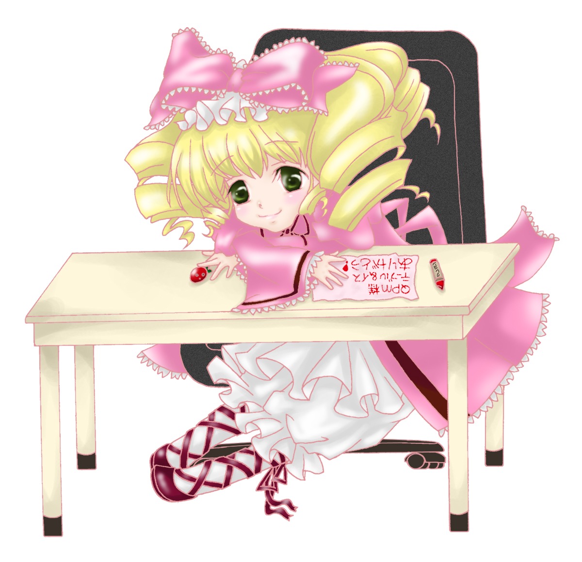 1girl blonde_hair bow cup dress drill_hair food frills fruit full_body green_eyes hina_ichigo hinaichigo image in_container long_sleeves pink_bow pink_dress sitting smile solo strawberry twin_drills white_background