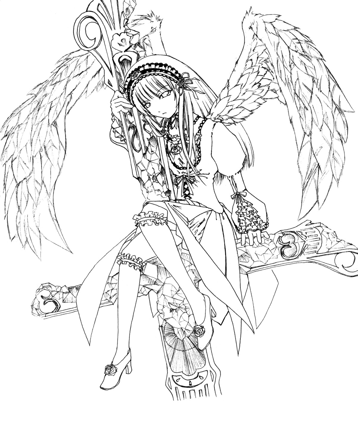 1girl boots dress feathered_wings feathers flower frills full_body greyscale hairband high_heels image kneehighs lineart long_hair long_sleeves looking_at_viewer monochrome ribbon rose shoes sitting solo suigintou very_long_hair wings