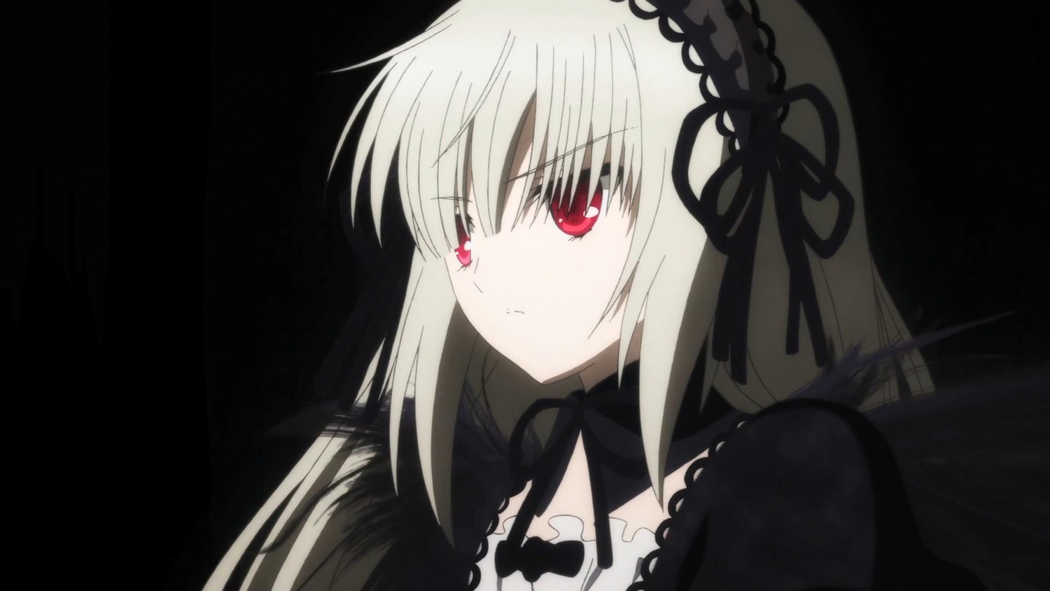 1girl bangs black_dress black_ribbon black_wings closed_mouth detached_collar dress expressionless eyebrows_visible_through_hair frills hairband image long_hair long_sleeves looking_at_viewer red_eyes ribbon silver_hair simple_background solo suigintou upper_body wings