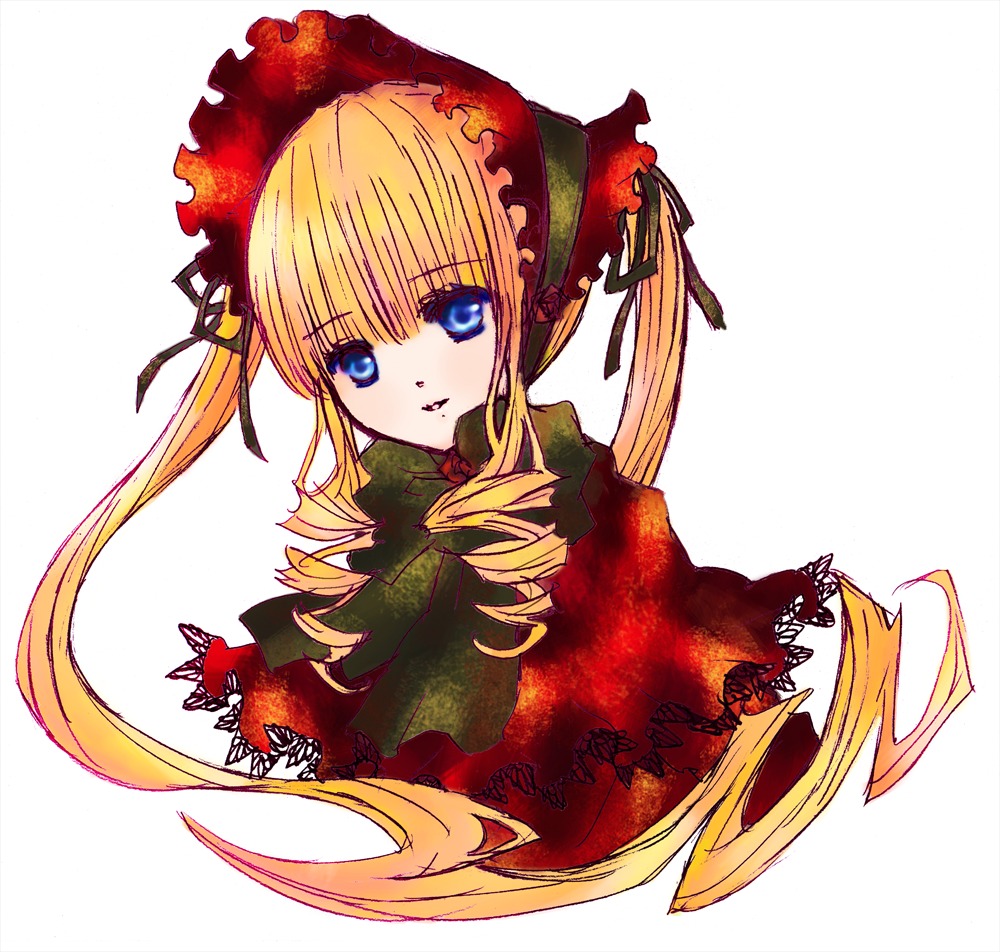 1girl bangs blonde_hair blue_eyes bonnet bow bowtie drill_hair image long_hair looking_at_viewer rose shinku simple_background solo twin_drills twintails upper_body white_background