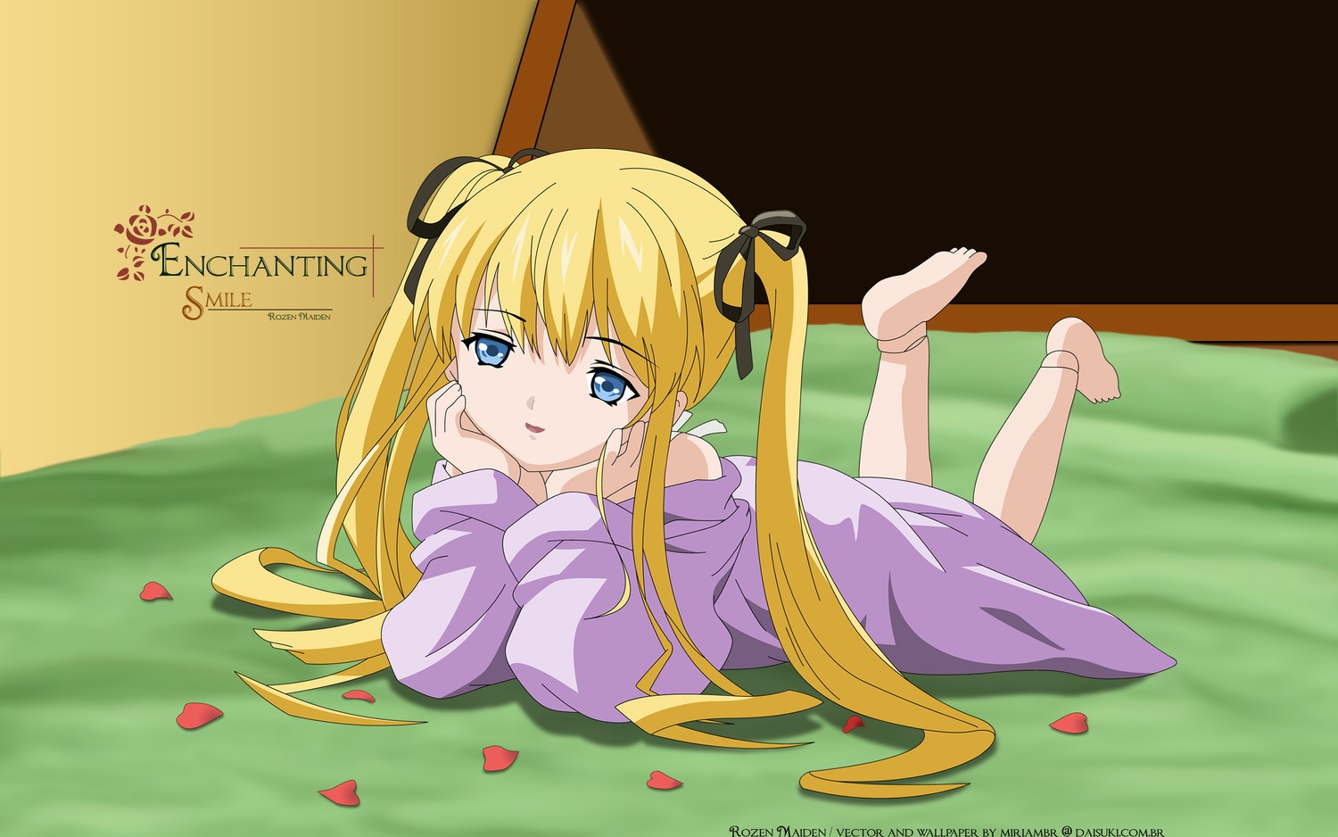 1girl barefoot blonde_hair blue_eyes chin_rest curtains hair_ribbon image legs_up long_hair looking_at_viewer lying on_stomach petals ribbon shinku solo the_pose twintails very_long_hair
