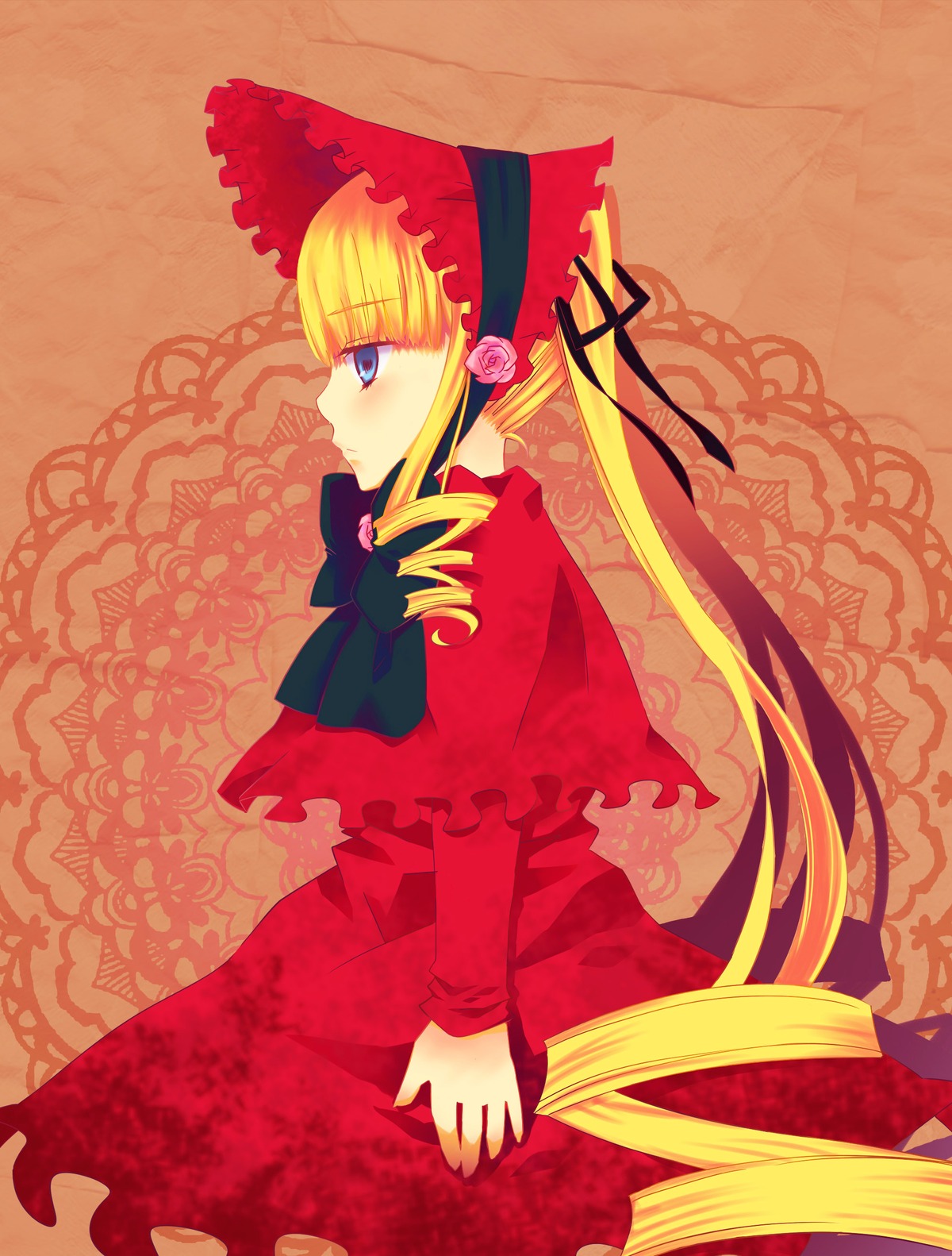 1girl auto_tagged blonde_hair blue_eyes blush bonnet bow capelet dress drill_hair flower image long_hair long_sleeves red_dress rose shinku solo twintails very_long_hair