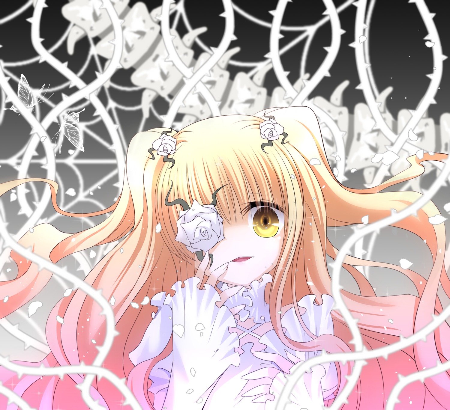 1girl blonde_hair dress eyepatch flower frills hair_flower hair_ornament image kirakishou long_hair looking_at_viewer rose solo thorns two_side_up upper_body white_flower white_rose yellow_eyes