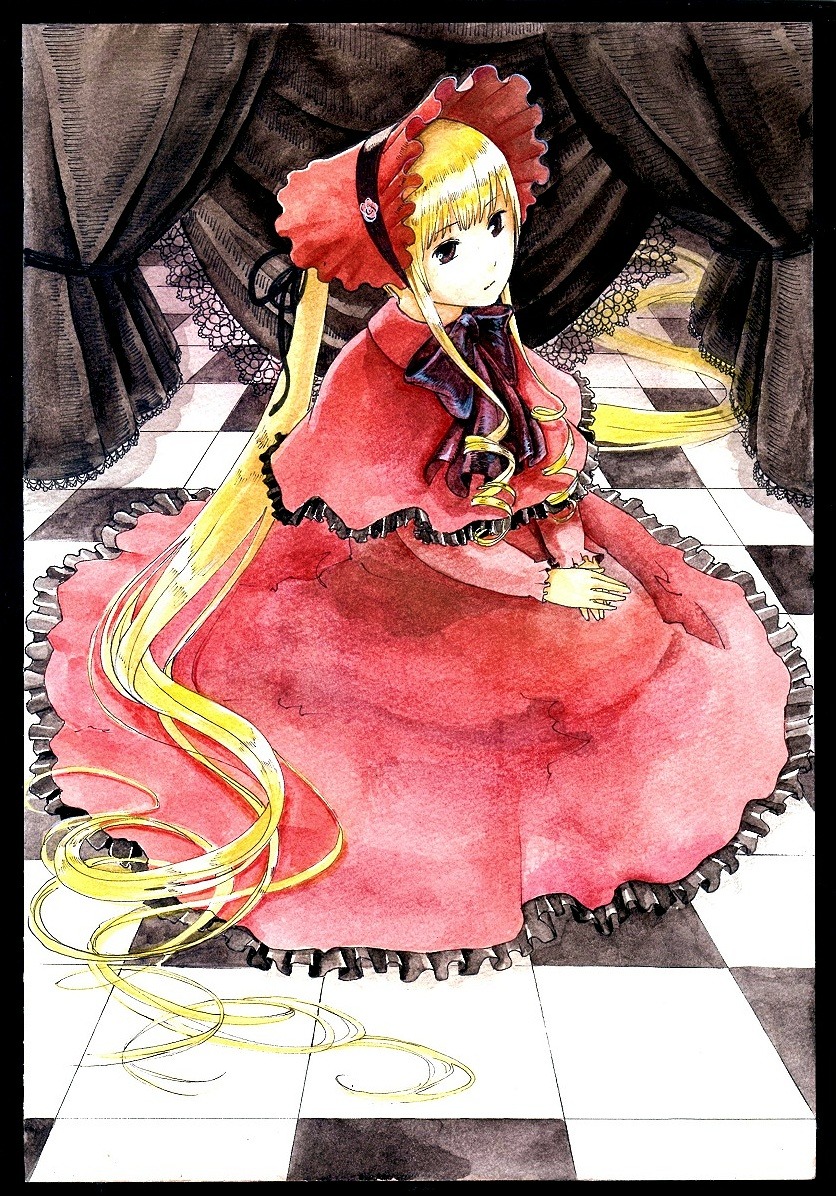 1girl argyle argyle_background blonde_hair bonnet checkered checkered_background checkered_floor curtains dress image letterboxed long_hair perspective red_dress shinku sitting solo tile_floor tiles traditional_media twintails very_long_hair