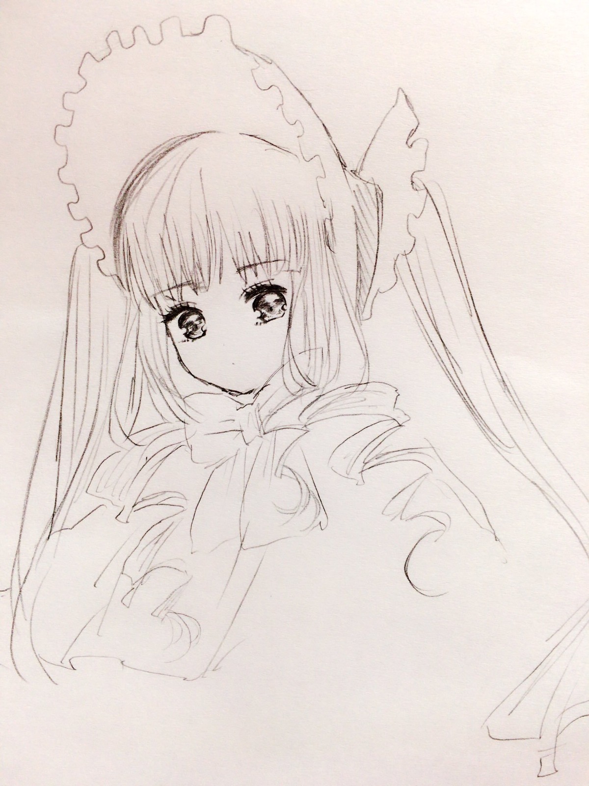 1girl bangs bow bowtie closed_mouth dress drill_hair eyebrows_visible_through_hair image long_hair long_sleeves looking_at_viewer monochrome shinku simple_background solo traditional_media twin_drills upper_body