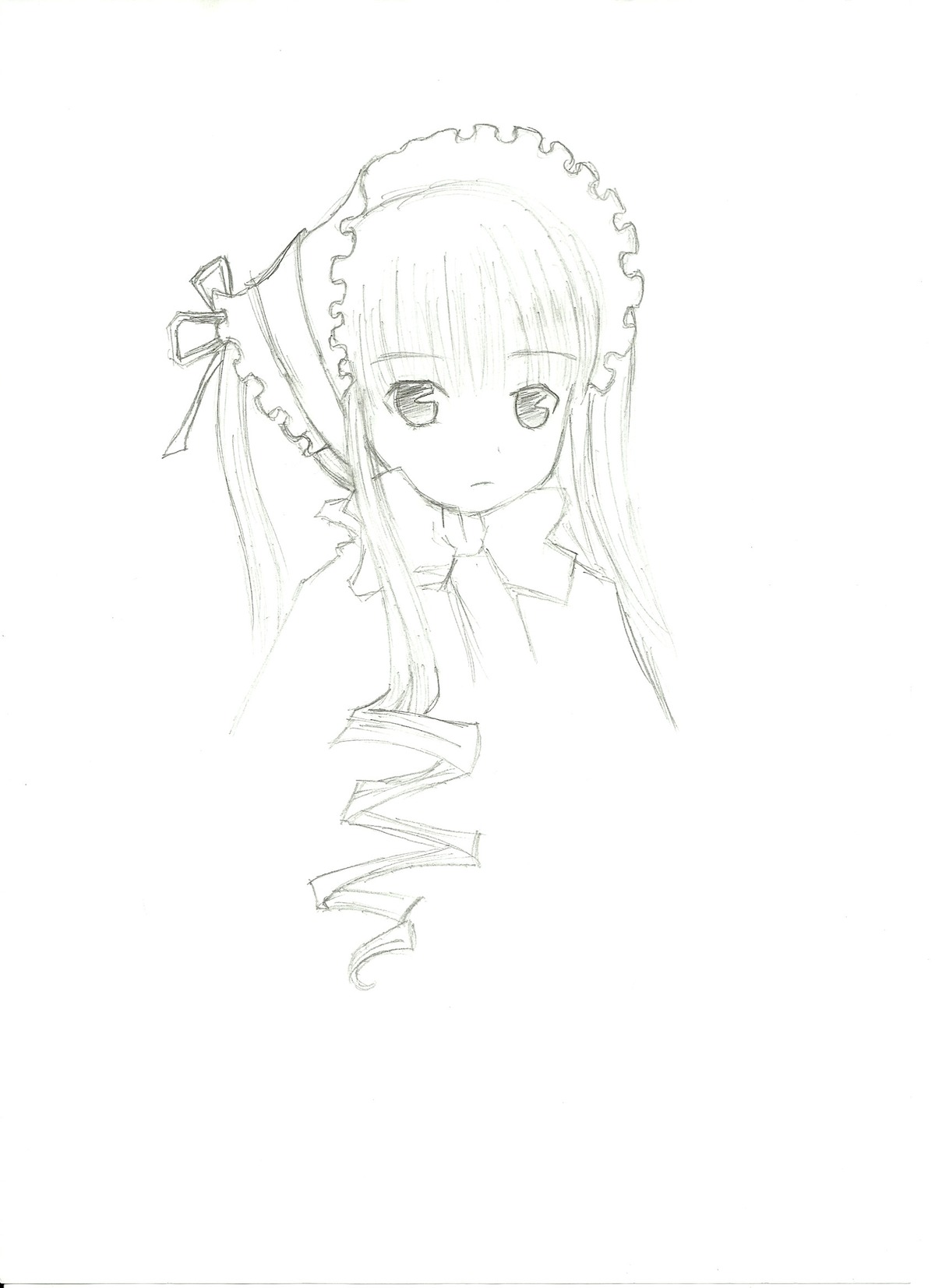 1girl dress drill_hair frills image long_hair looking_at_viewer monochrome ribbon shinku simple_background solo twin_drills twintails upper_body white_background