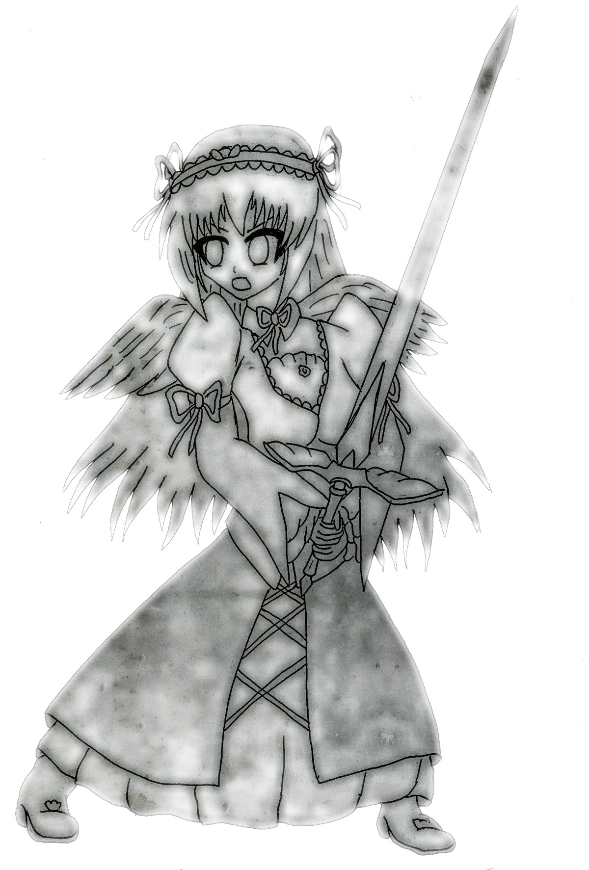 1girl detached_collar dress full_body greyscale hairband holding holding_sword holding_weapon image lolita_hairband long_sleeves monochrome open_mouth simple_background solo standing suigintou sword weapon white_background wings