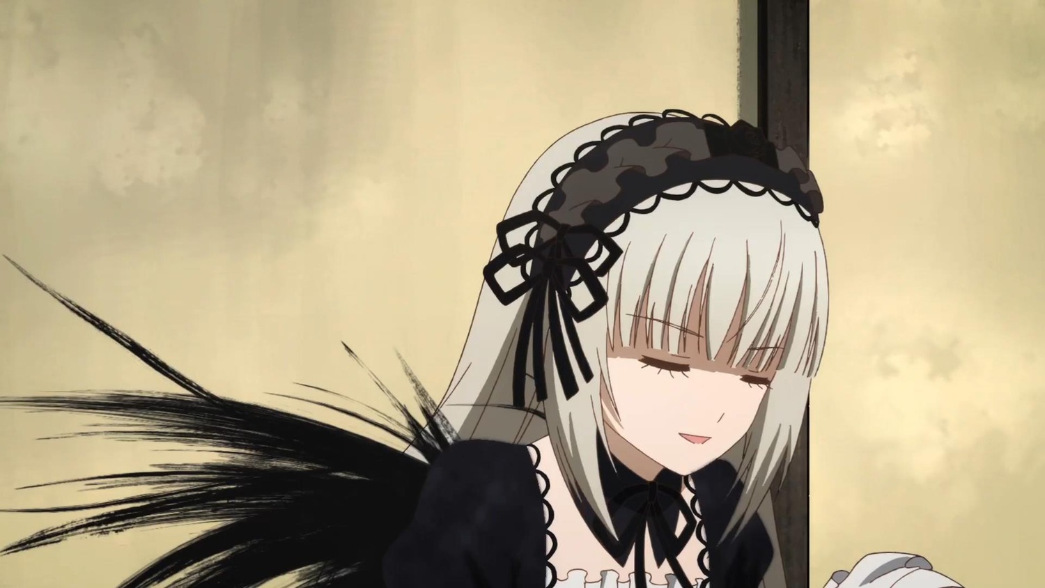 1girl auto_tagged bangs black_dress black_ribbon black_wings closed_eyes detached_collar dress hairband image long_hair long_sleeves open_mouth ribbon silver_hair solo suigintou wings