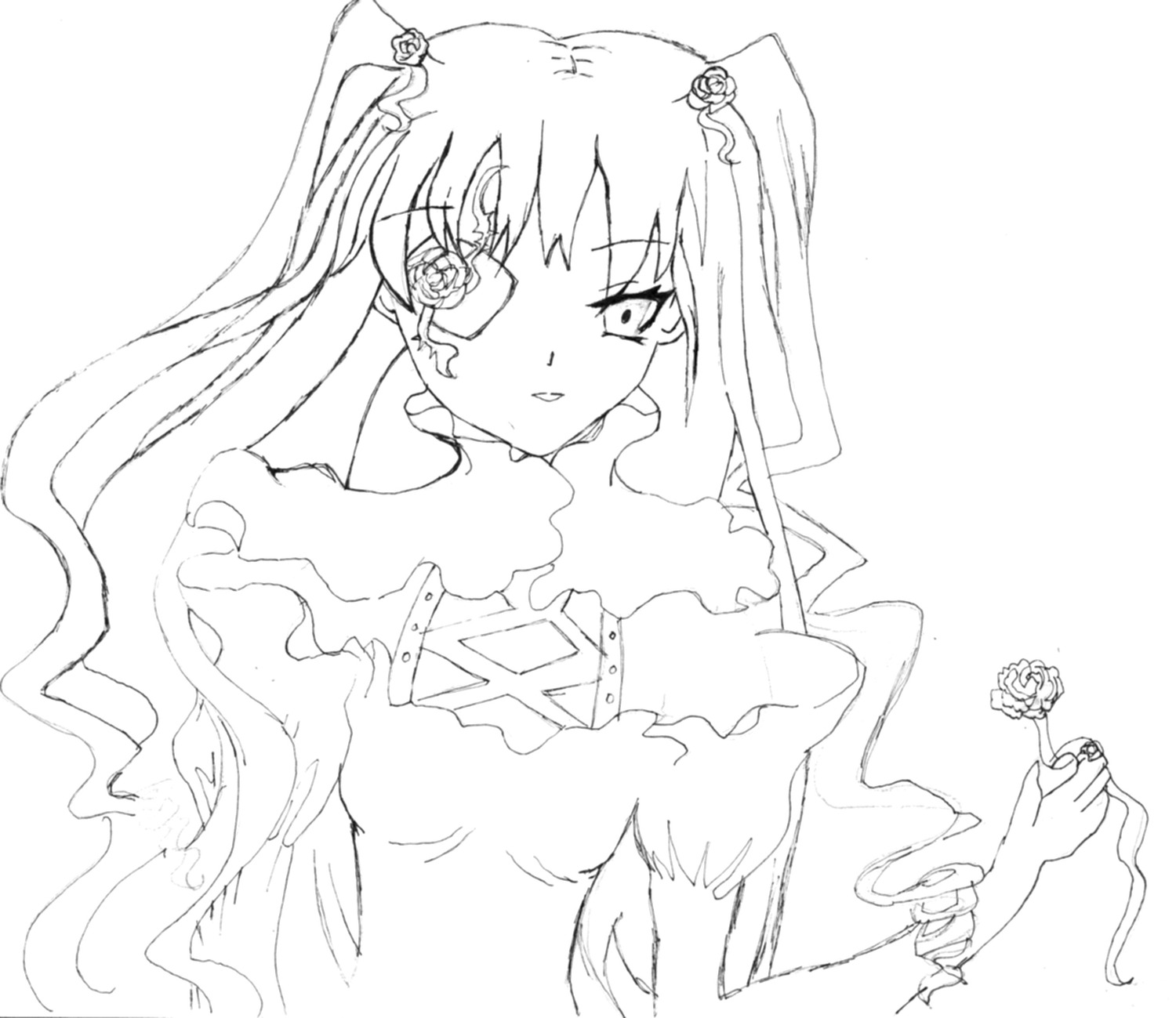 1girl dress flower greyscale hair_ornament image kirakishou lineart long_hair monochrome rose simple_background solo