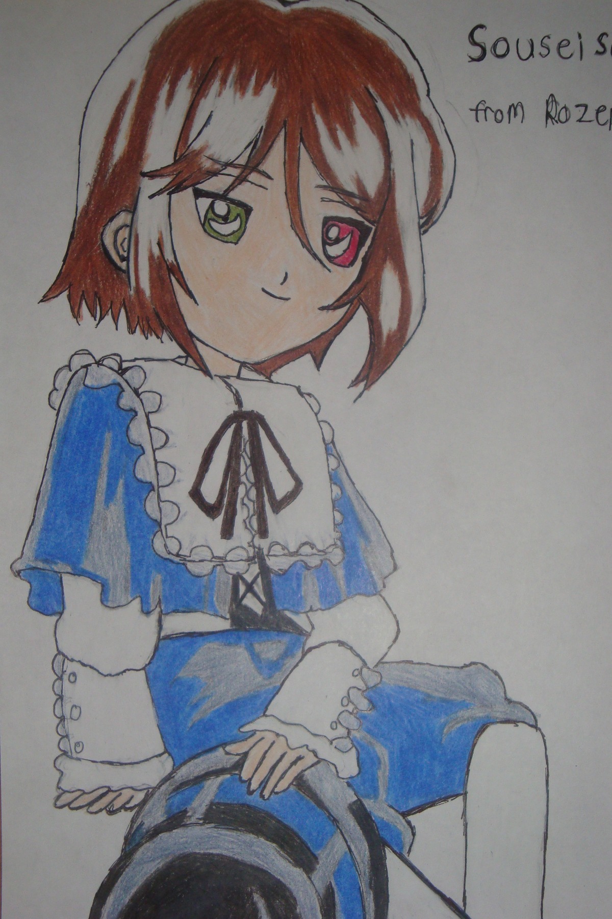1boy blue_dress capelet dated dress frills green_eyes heterochromia image long_sleeves looking_at_viewer otoko_no_ko photo short_hair sitting smile solo souseiseki traditional_media