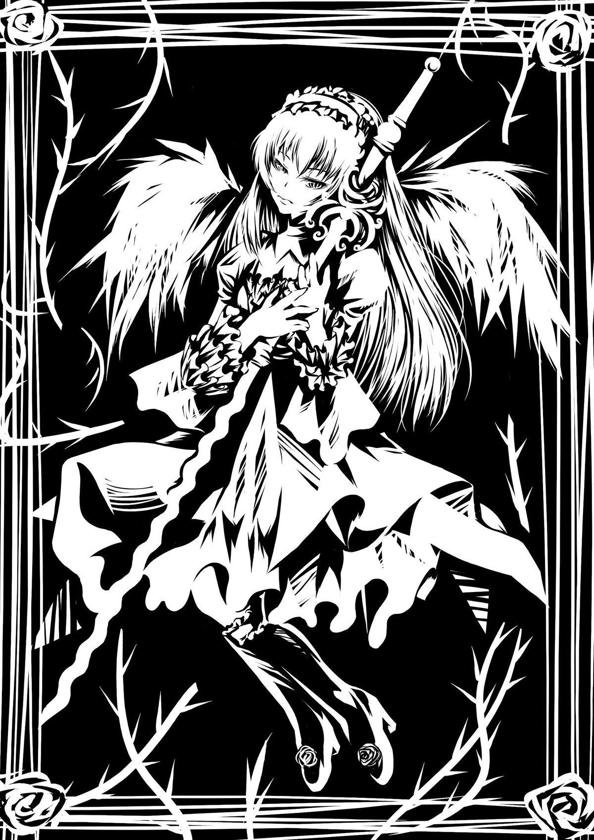 1girl dress flower frills greyscale hairband image lolita_hairband long_hair looking_at_viewer monochrome rose solo suigintou wings